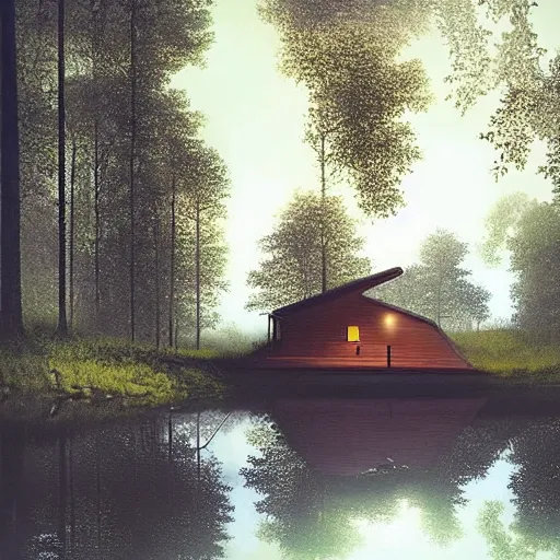 Image similar to “ swedish futuristic cabin next to the lake in the forest by simon stalenhag, misty morning, cinematic ”