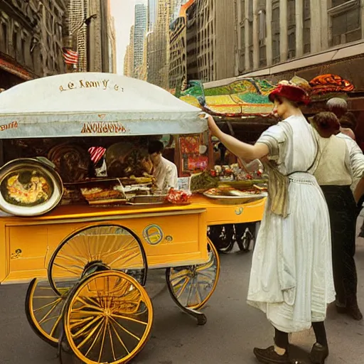 Image similar to a Hot-Dog-Cart selling in new york city art by alphonse mucha and Monia Merlo and Raymond Swanland