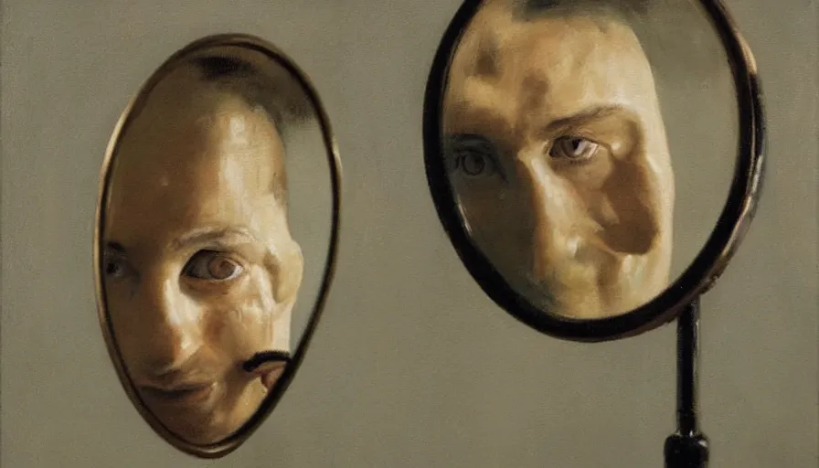 Prompt: painting by borremans, a man looks in the mirror and sees not himself, detailed, stunning