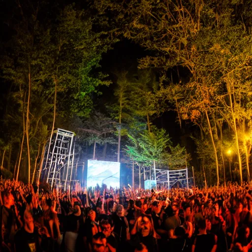 Prompt: Techno festival in forest at night