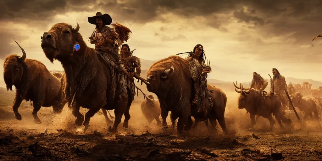 Image similar to indian tribe on wood ATV attacking bisons, action scene, an epic western, dramatic lighting, cinematic, establishing shot, extremely high detail, photorealistic, cinematic lighting, artstation, octane render, old photo, buffalo hunt movie, alpha movie, western