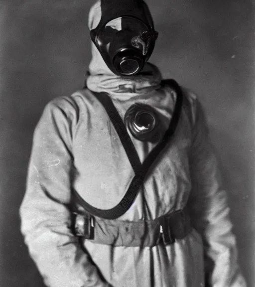 Image similar to man in a anti-radiation hazmat suit and optical gasmask, ww1 film photo, grainy, high detail, high resolution