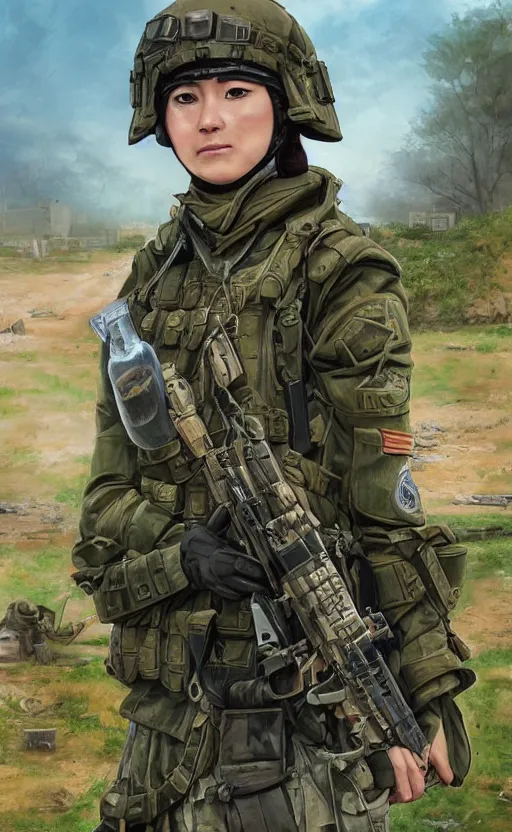 Prompt: portrait of a female soldier, highly detailed, high resolution, military camp in the background, the front of a trading card, illustration, stunning, marginal operation, bokeh soft, matte, 100mm, by professional photographer, by shibafu, by shizuma yoshinori, studio mappa, realistic human anatomy, realistic military carrier, modern warfare, realistic weapon, shot with a arriflex 35 ii, low saturation, small eyes