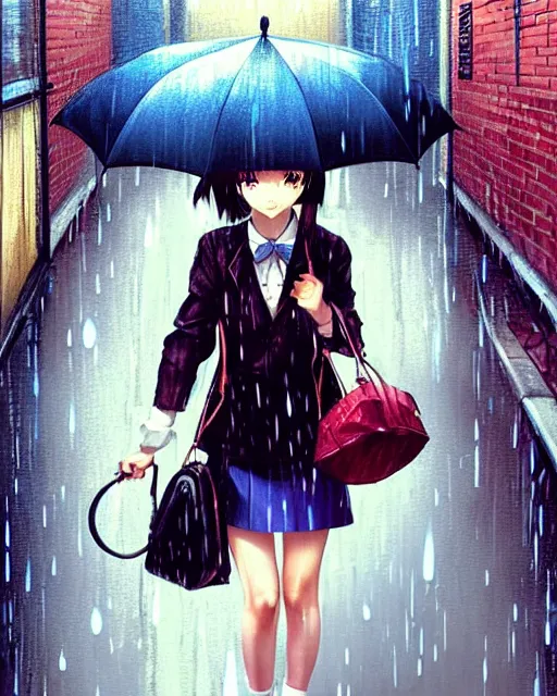 Prompt: cute girl with umbrella in the heavy rain, walking in an alley. | very very anime!!!, fine - face, audrey plaza, realistic shaded perfect face, fine details. anime. realistic shaded lighting poster by ilya kuvshinov katsuhiro otomo ghost, magali villeneuve, artgerm, jeremy lipkin and michael garmash and rob rey