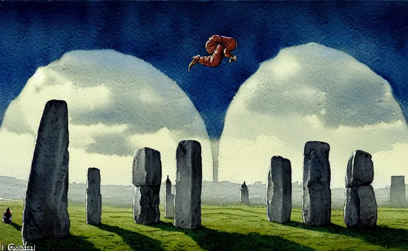 Prompt: a hyperrealist watercolour character concept art portrait of small grey medieval monks levitating stones in the air in front of a complete stonehenge monument on a misty night. a ufo is in the sky. by rebecca guay, michael kaluta, charles vess and jean moebius giraud