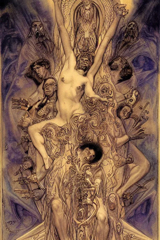 Prompt: occult diagram of the trumpet of spirit conversation in the style of wayne barlowe, gustav moreau, goward,  Gaston Bussiere and roberto ferri, composition by austin osman spare