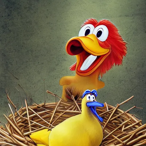 Image similar to Goofy laying eggs in a nest while big bird watches on, a proud and loving look on his face, digital artwork