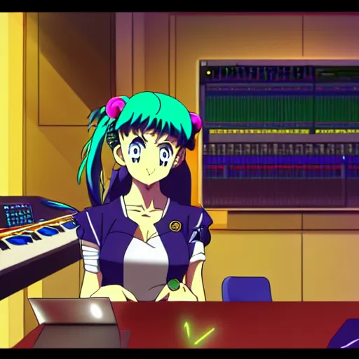 Image similar to An anime character working in their music studio. 90s anime, Sailor Moon, Neon Genesis, official art, flat cell shading, fantastic screenshot art, trending on artstation