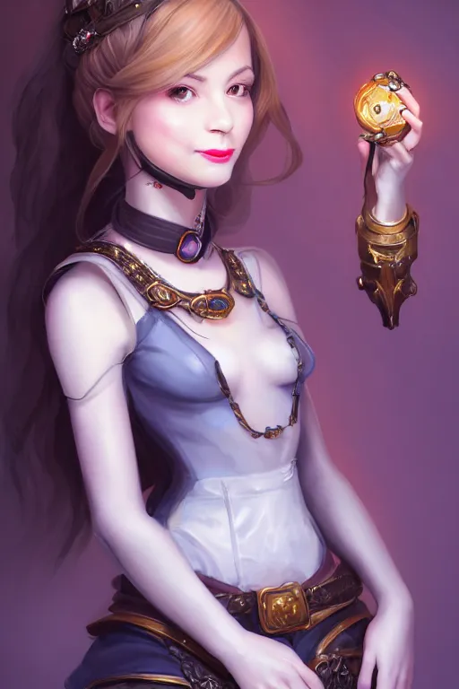 Image similar to portrait of a gorgeous young female artificer holding a strange mechanical device, looking at camera, D&D, choker on neck, stylish dress, mouth slightly open, cute slightly nerdy smile, very long flowing hair, intricate, elegant, stylish, fantasy, extremely detailed, digital painting, artstation, concept art, smooth, sharp focus, illustration, stunning lighting, art by artgerm and greg rutkowski and alphonse mucha and simon stalenhag