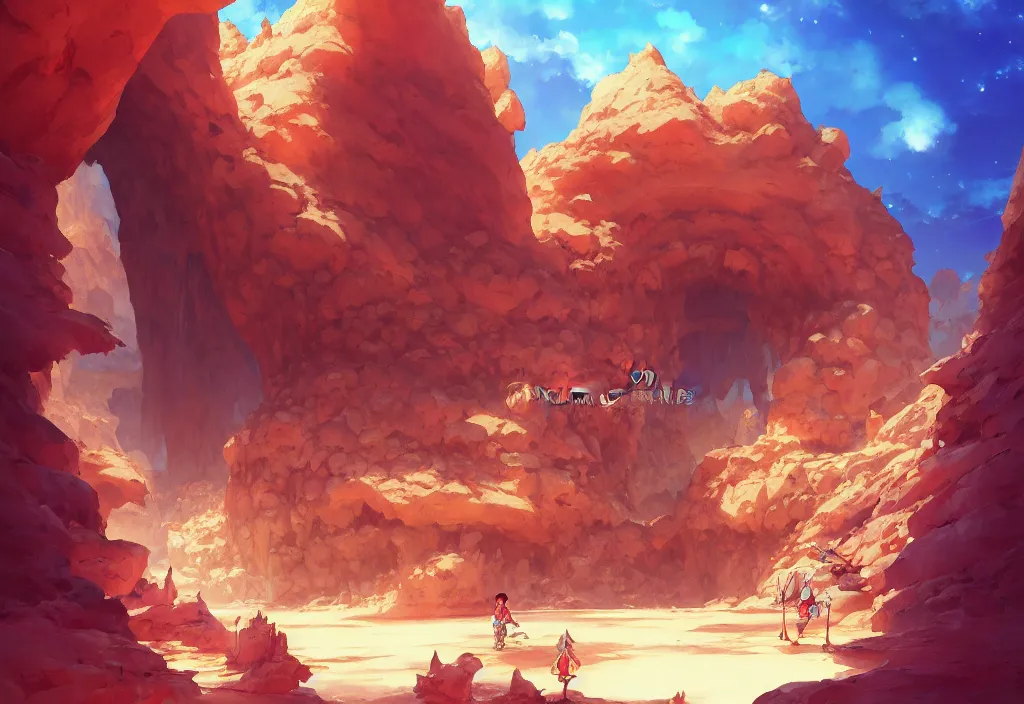 Image similar to a cave entrance in a desert with crystals inside the cave, intricate oil painting, high detail illustration, sharp high detail, manga and anime 1 9 9 9, official fanart behance hd artstation by jesper ejsing and makoto shinkai, 4 k,