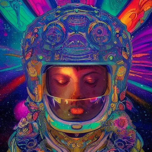 Image similar to An extremely psychedelic experience, colorful, surreal, dramatic lighting, cosmonaut, LSD, face, detailed, intricate, elegant, highly detailed, digital painting, artstation, concept art, smooth, sharp focus, illustration, art by Sam Spratt, Dan Mumford, Artem Demura and Alphonse Mucha