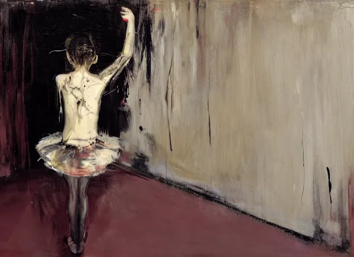 Prompt: young ballerina training in a big dark room, painted in style of marlene dumas, pat steir, oil painting, dripping paint, psychologic, melancholic, symmetrical face, hyper detailed, in style of francis bacon, gustave courbet