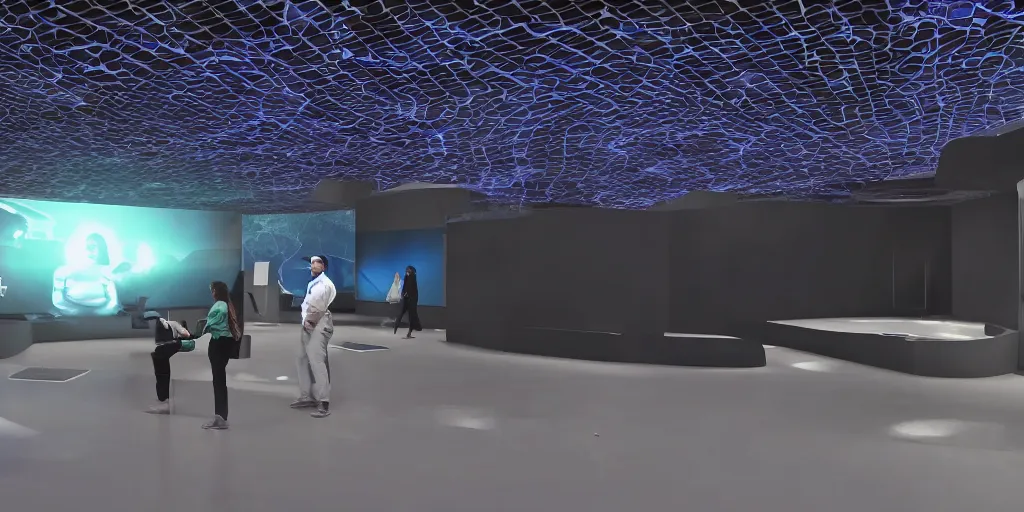 Image similar to stunning futuristic AI lab, projection screens, immersive graphics, holograms, dark room, people using HoloLens