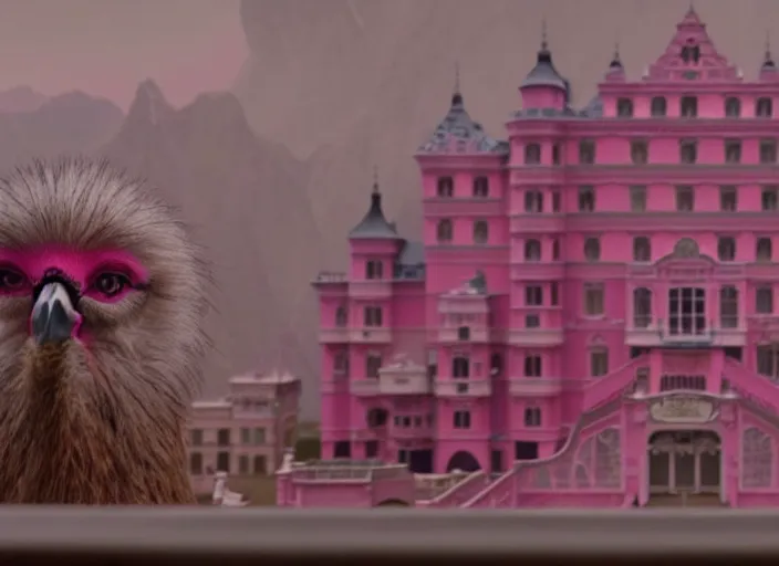 Prompt: a film still of a pompous pink ostrich in the grand budapest hotel ( 2 0 1 4 ) )