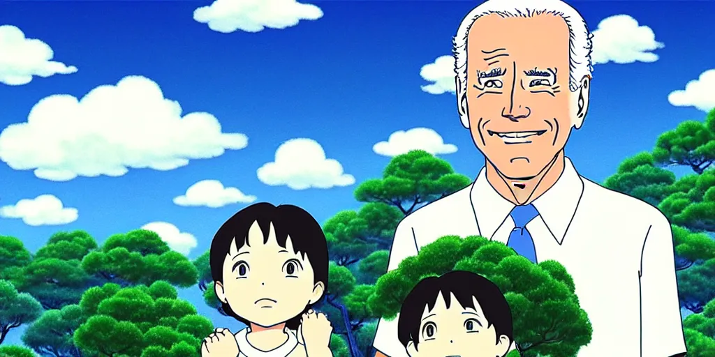 Image similar to joe biden studio ghibli beautiful sky happiness