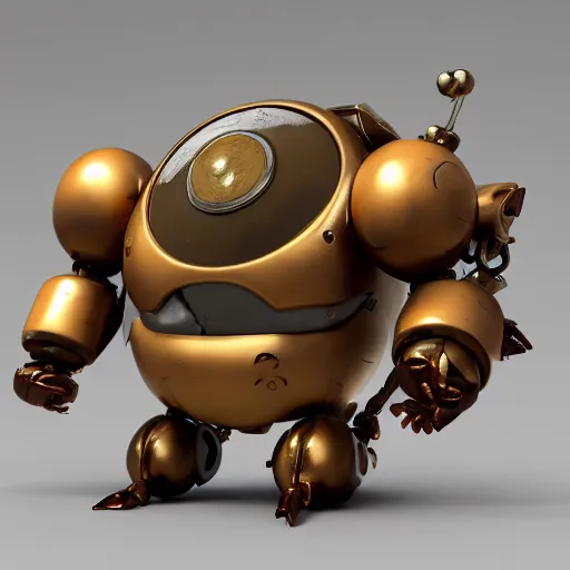 Image similar to a small chubby bot, smooth panelling, one large gold eye intricate detail, style of pokemon, with damaged rusty arms, broken antenna, recycled, floating, white studio, oil, mechanical, toy, ambient light, in the style of pokedstudios, belnder, octane render, 8 k,