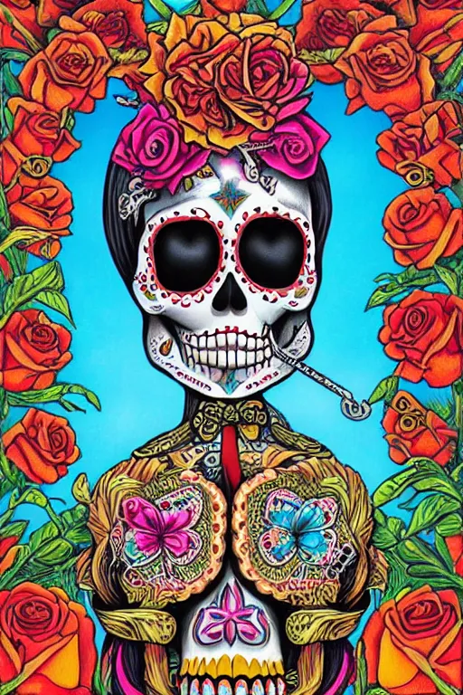 Image similar to illustration of a sugar skull day of the dead girl, art by todd schorr