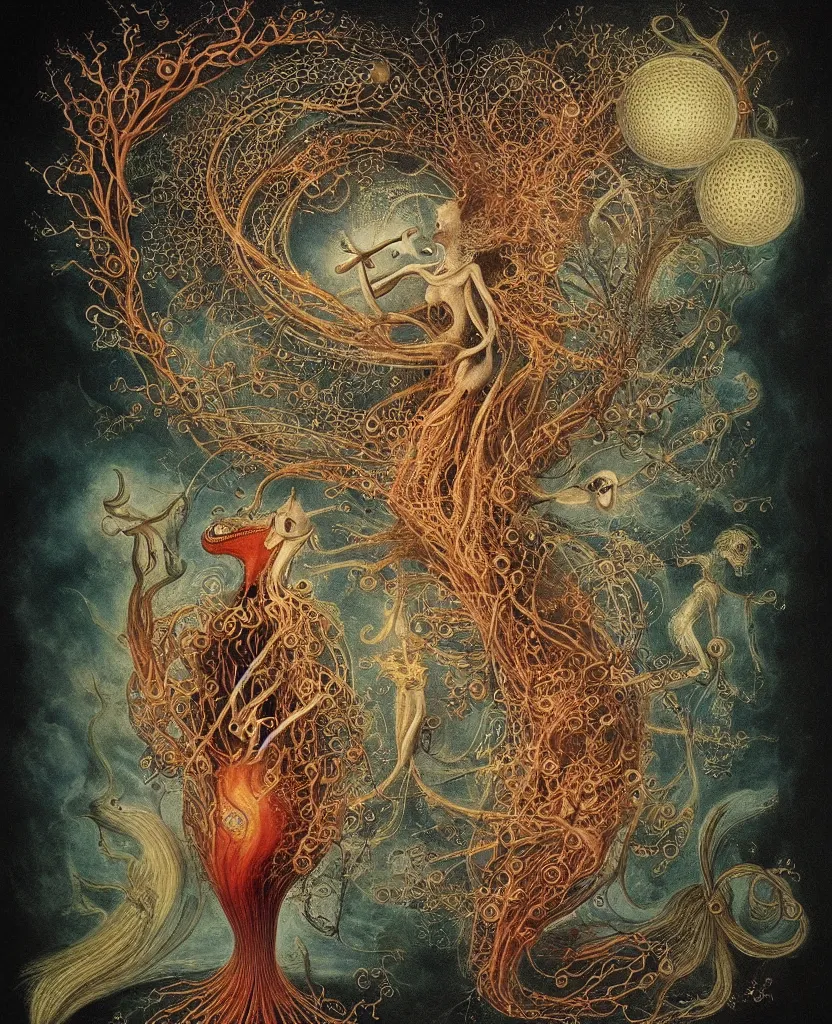 Image similar to whimsical freaky creature sings a unique canto about'as above so below'being ignited by the spirit of haeckel and robert fludd, breakthrough is iminent, glory be to the magic within, painted by ronny khalil