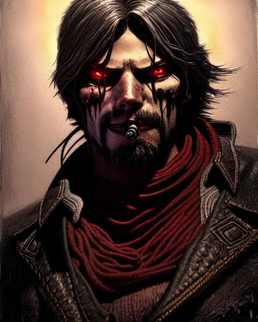 Image similar to mccree from overwatch, evil, crazed look in his eyes, character portrait, portrait, close up, concept art, intricate details, highly detailed, horror poster, horror, vintage horror art, realistic, terrifying, in the style of michael whelan, beksinski, and gustave dore