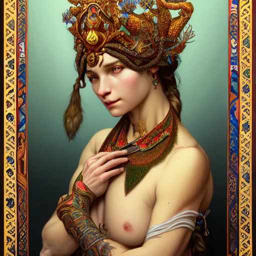 Image similar to a portrait of a female dear hybrid, upper half portrait, decorated with russian motifs, russian shaman, siberia, traditional russia, intricate, elegant, highly detailed, symmetry, headpiece, digital painting, artstation concept art smooth sharp focus, illustration, art by artgerm and greg rutkowski alphonse mucha 8 k