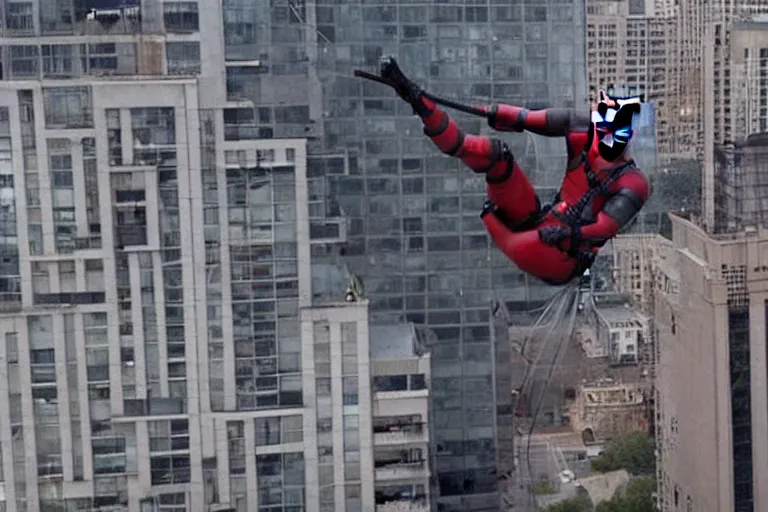 Image similar to 85mm Deadpool jumps off helicopter and smashes through high rise window by Emmanuel Lubezki