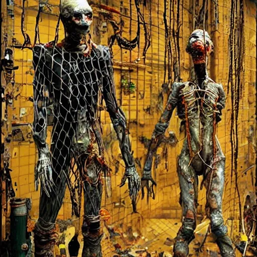 Image similar to “ugly filthy gross fleshy raw meat insectoid cybernetic mummy knight wrapped in barbed wire standing in a filthy dirty small server room covered with graffiti, garbage and networking cables. David Cronenberg. Body horror style. 35mm.”