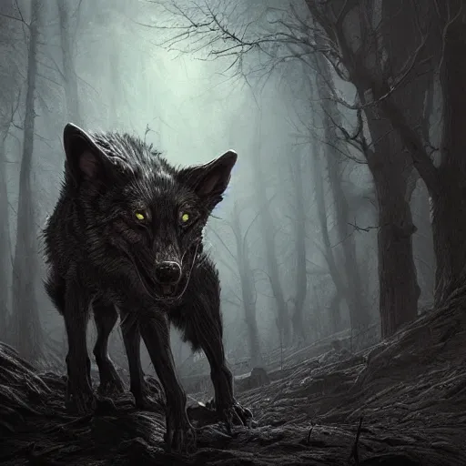 Image similar to photorealistic demonic wolf in the style of michael whelan and gustave dore. hyperdetailed photorealism by greg rutkowski. 1 0 8 megapixels, 3 d finalrender, cinematic lighting