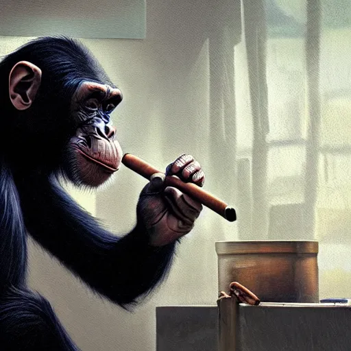 Image similar to a chimp wearing a suit smoking a cigar, dramatic lighting, cinematic, establishing shot, extremly high detail, photorealistic, cinematic lighting, artstation, style by James Gurney