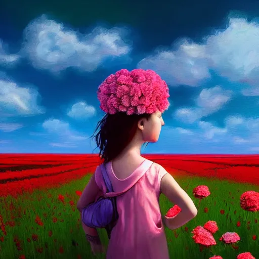 Prompt: head of carnations flower, girl walking in a flower field, surreal photography, sunrise dramatic light, impressionist painting, colorful clouds, digital painting, artstation, simon stalenhag, flower face