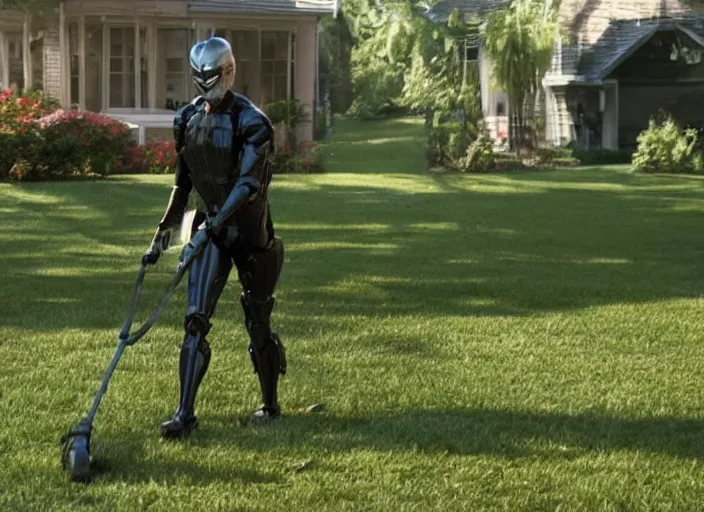 Image similar to film still of Willem Dafoe mowing a lawn in the new Robocop movie, 4k