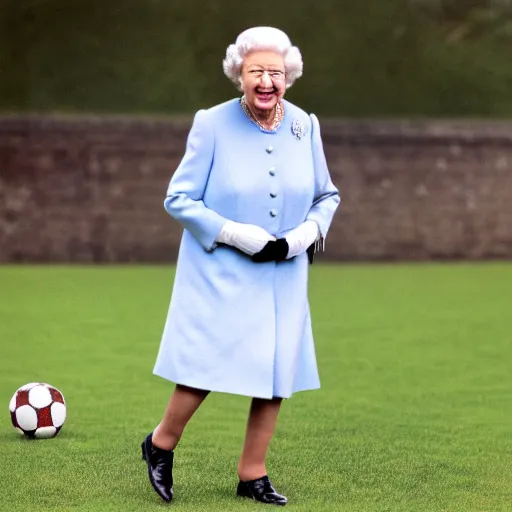 Image similar to queen elizabeth laughing while kicking a soccer ball,