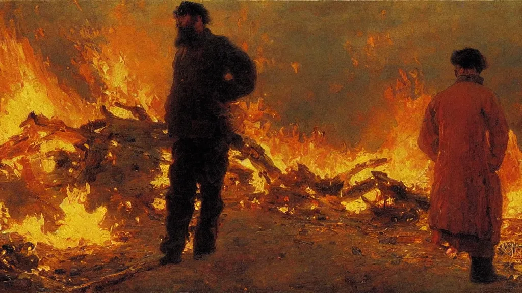 Image similar to high quality high detail painting by ilya repin, man standing in front of huge explosion, fire, flames, wind, hd