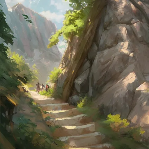 Image similar to Time to climb the mountain path, digital art by Krenz Cushart