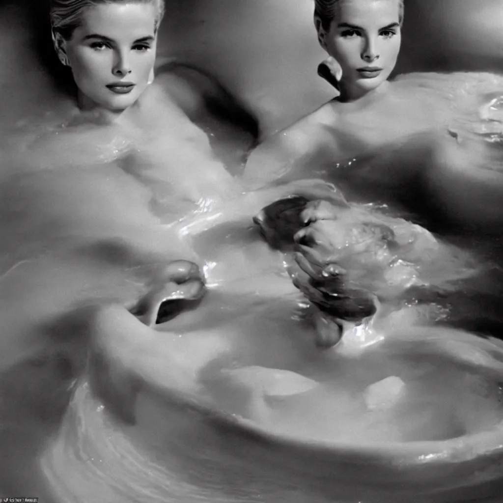 Image similar to Herb Ritts high-contrast color photo of Grace Kelly emerging from a milk bath, vignette, grainy film, shallow depth of field