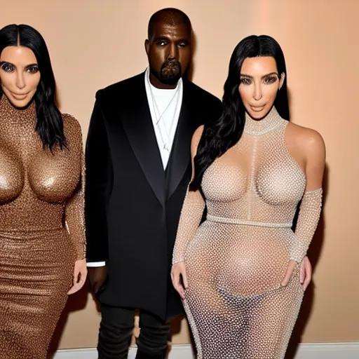 Image similar to kim kardashian standing in the middle of kanye west and pete davidson