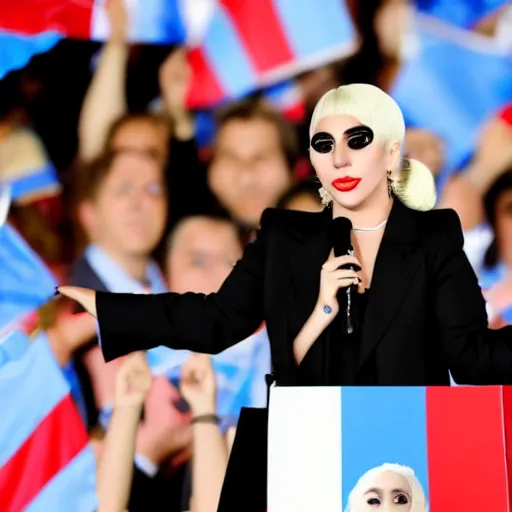 Image similar to Lady Gaga as president, Argentina presidential rally, Argentine flags behind, bokeh, giving a speech, detailed face, Argentina