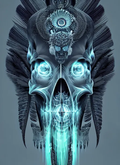 Image similar to 3 d shaman with tattoos profile portrait, sigma 5 0 0 mm f / 5. beautiful intricate highly detailed quetzalcoatl skull and feathers. bioluminescent, plasma, frost, water, wind, creature, gradient background, thunderstorm! artwork by tooth wu and wlop and beeple and greg rutkowski, 8 k trending on artstation,