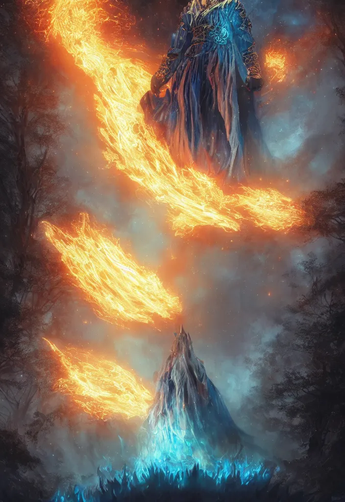 Prompt: a fancy portrait of a celestial engulfed in blue flames standing in a large forest by greg rutkowski, sung choi, mitchell mohrhauser, maciej kuciara, johnson ting, maxim verehin, peter konig, bloodborne, 8 k photorealistic, cinematic lighting, hd, high details, dramatic, dark atmosphere, trending on artstation