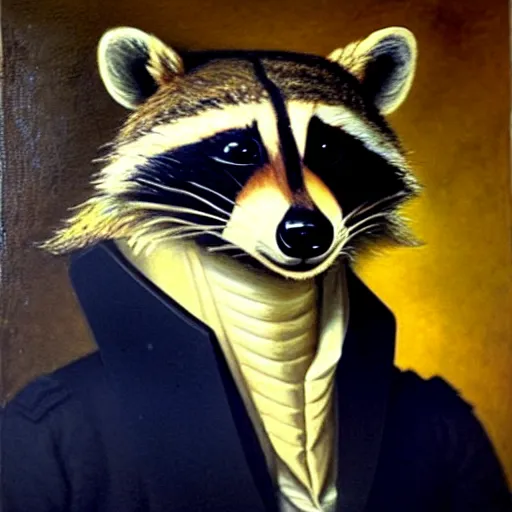 Prompt: a head and shoulders portrait painting of an anthropomorphic!!!!!!!!!! raccoon!!!!!!!!!! wearing a colonial outfit without a hat looking off camera, a character portrait, american romanticism, oil on canvas, soft focus