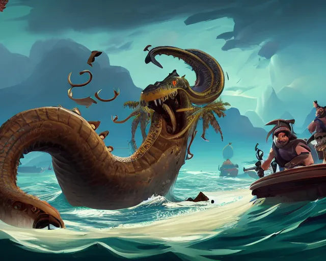 Image similar to sea of thieves animal boss character concept art for a gigantic sea serpent snake leviathan, cgsociety, trending on artstation, rare ltd,