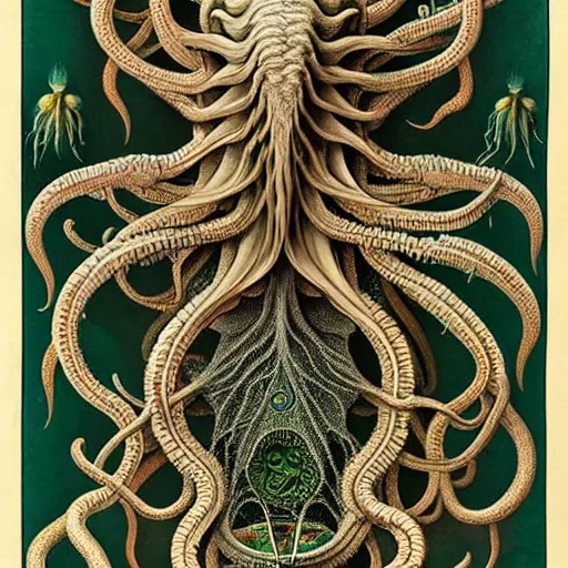 Image similar to hyperrealistic detail atlas of cthulhu creatrues by james audubon ernst haeckel