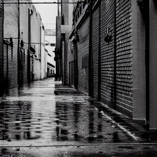 Prompt: dark alley, photograph, rain, liminal, grey sky, empty