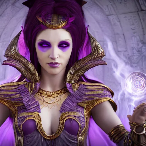 Image similar to 8k unreal engine render by Anne Stokes of a half-elf sorceress with purple hair from dungeons and dragons, beautiful, symmetrical face, wearing a tutu, a poison spell forms in her hand, in a crowded ancient Egyptian city, insanely detailed, depth of field unreal engine ultra-wide angle lens, volumetric lighting, vivid color