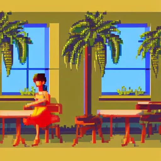 Image similar to a thin, pretty young Filipino girl sits in the window of a Cafe with an espresso, golden morning light, tropical plants, amazing 16 bit pixel art, 6 colors, artstation