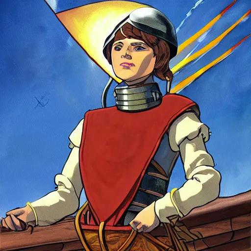 Prompt: An epic fantastic realism comic book style painting of a medieval woman ship pilot, wearing shiny breastplate, ship at sea, studio ghibli, dynamic lighting