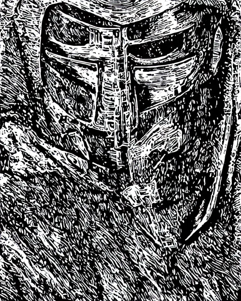 Image similar to a detailed lifelike linocut engraving of mf doom