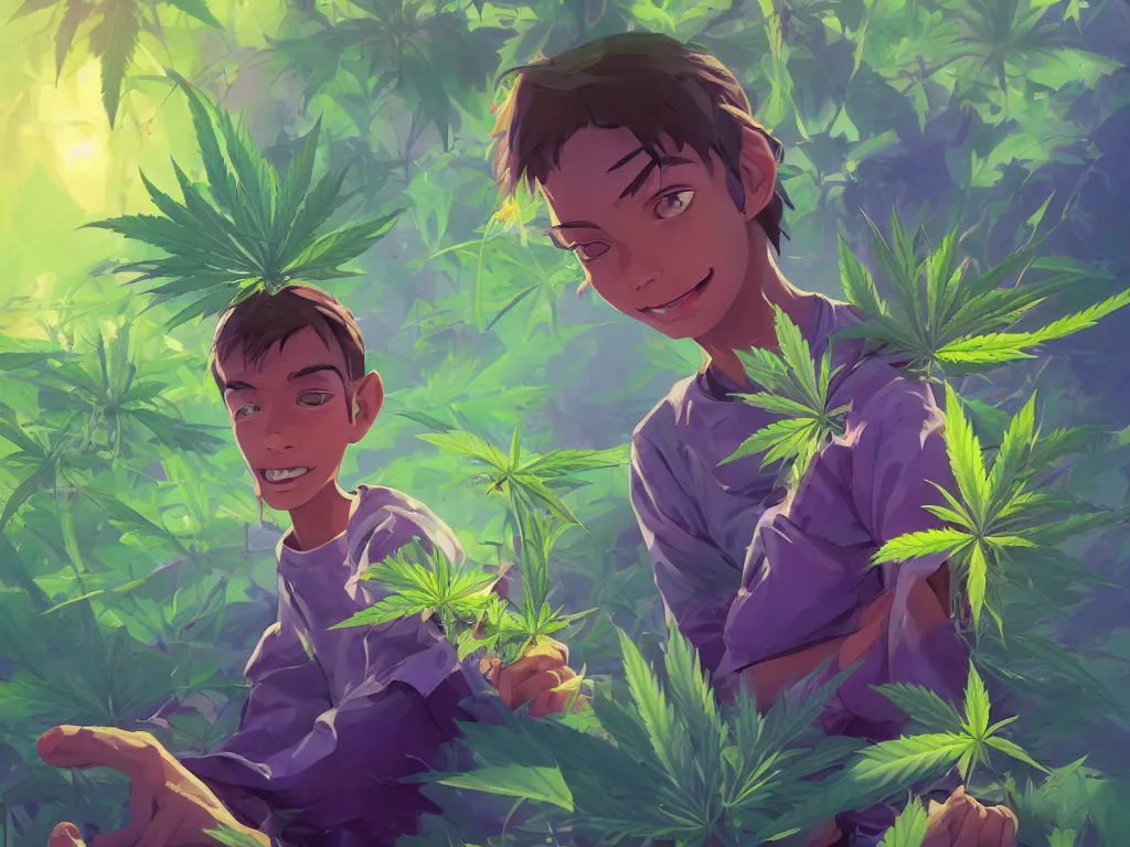 Image similar to kid with green purple flowers of marijuana hemp cannabis, behance hd by jesper ejsing, by rhads, makoto shinkai and lois van baarle, ilya kuvshinov, rossdraws global illumination, golden ratio, symmetrical beauty face