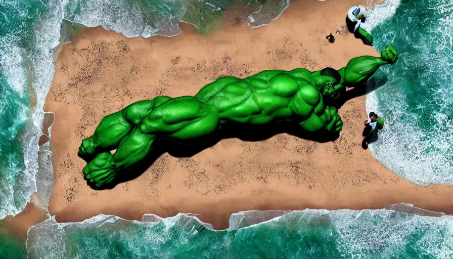 Prompt: CNN news footage taken from above. A The Hulk is washed up on the beach. 8K Highly professionally detailed, HDR, CGsociety, Ultra Realistic