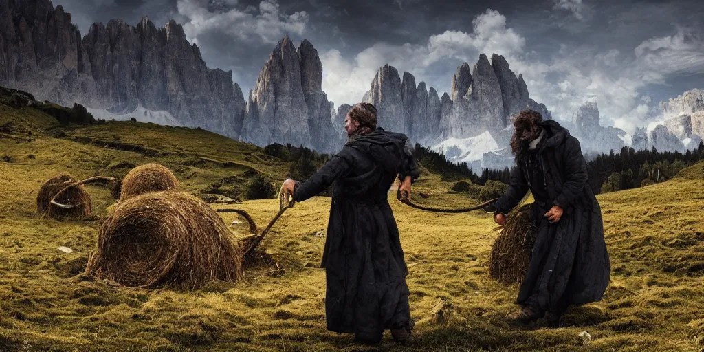 Image similar to alpine farmer transforming into a monster ,roots and hay coat, dolomites in background, dark, eerie, despair, portrait photography, artstation, digital art, concept art, artstation, highly detailed, sharp focus, by caravaggio