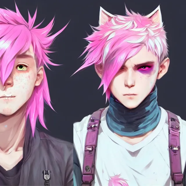 Prompt: character concept art of a cyberpunk boy with pink hair and pink wolf ears and freckles | | cute - fine - face, pretty face, key visual, realistic shaded perfect face, fine details by stanley artgerm lau, wlop, rossdraws, james jean, andrei riabovitchev, marc simonetti, and sakimichan, trending on artstation